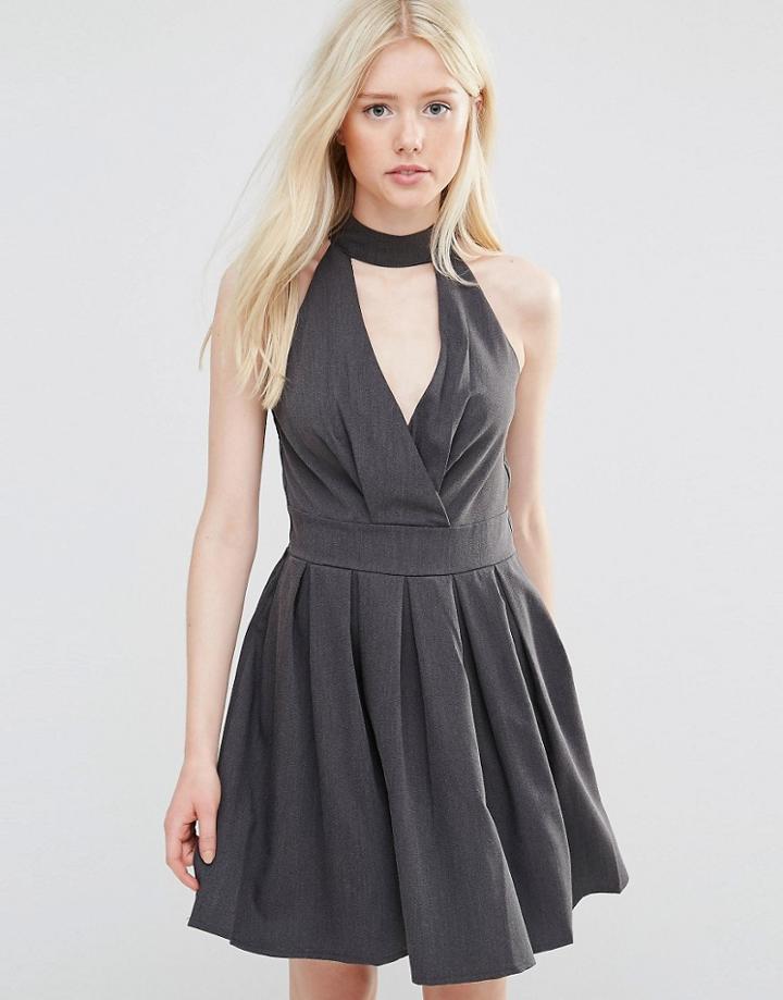Wal G Skater Dress With Neck Detail - Gray