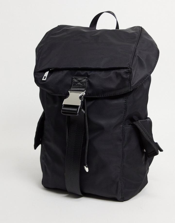 Asos Design Nylon Backpack In Black With Side Pockets