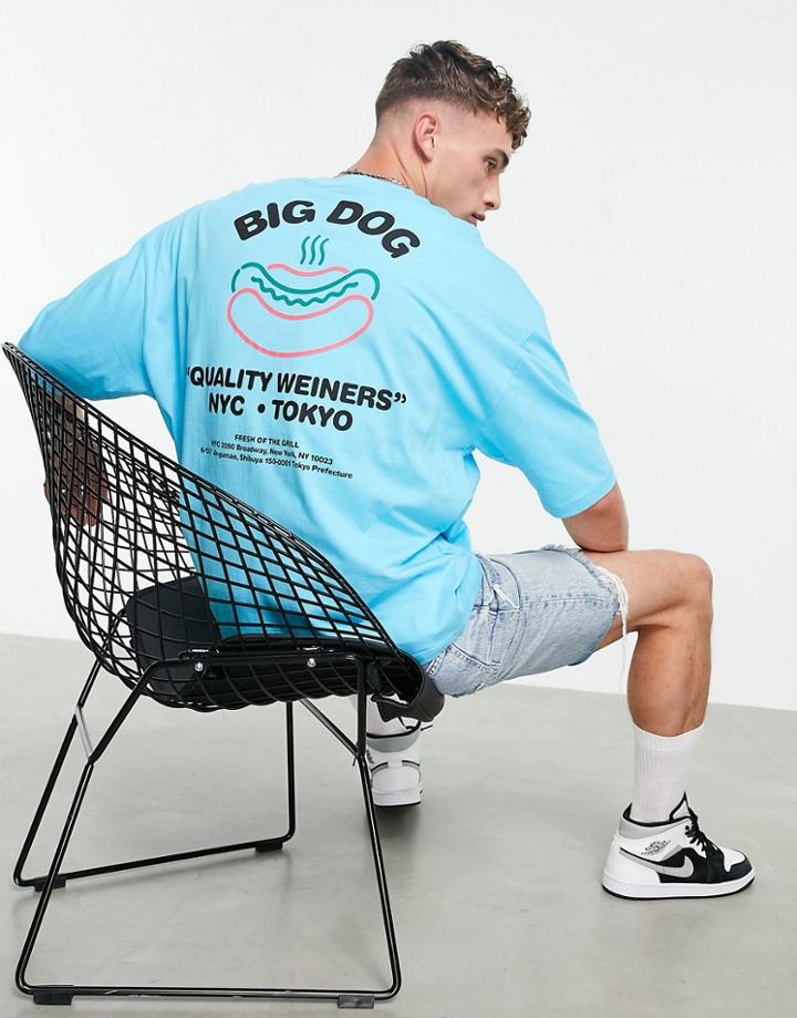 Asos Design Oversized T-shirt In Blue Cotton Blend With Cartoon Back Print - Mblue-blues