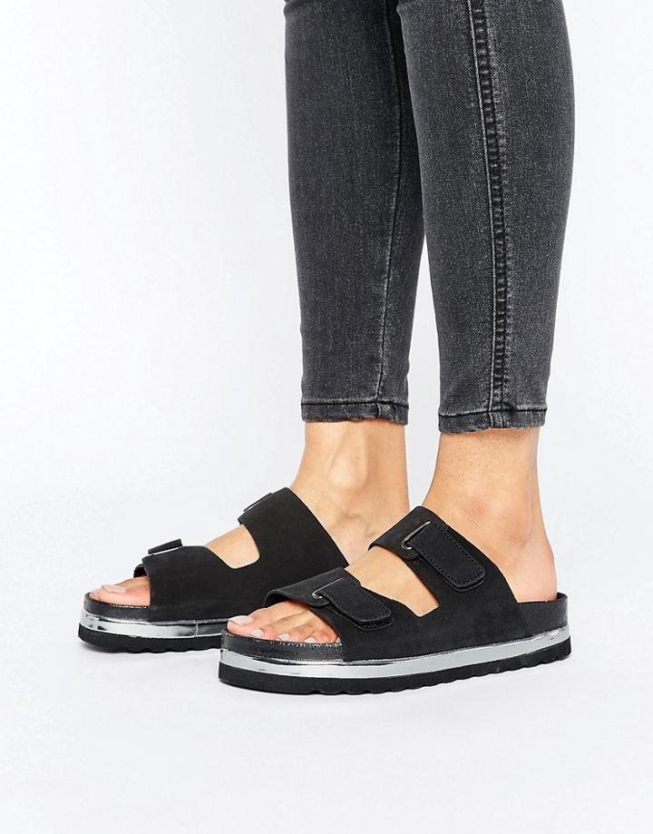 Vero Moda Leather Flatform Buckle Slide Sandal - Black