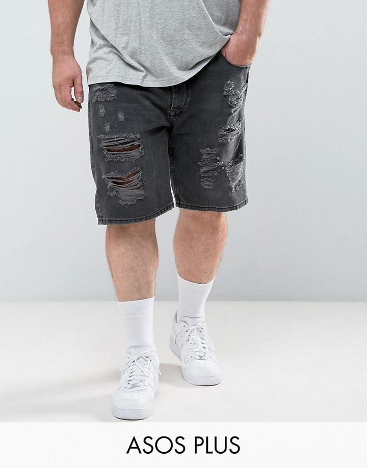 Asos Plus Slim Denim Shorts In Washed Black With Extreme Rips - Black
