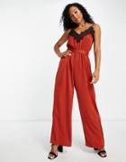 Little Mistress Satin Lace Trim Jumpsuit In Rust-orange