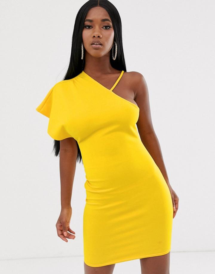 Asos Design One Shoulder Ruched Mini Dress-yellow