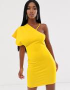Asos Design One Shoulder Ruched Mini Dress-yellow