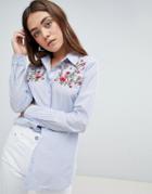 Jdy Butterfly Stripe Shirt With Floral Embroidery - Blue