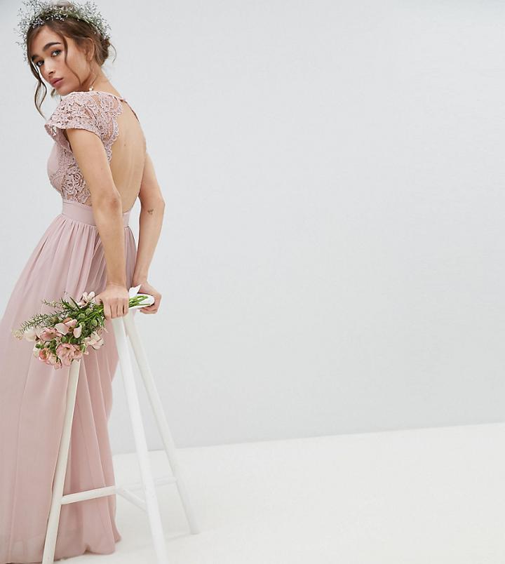 Tfnc Petite Maxi Bridesmaid Dress With Scalloped Lace And Open Back - Brown