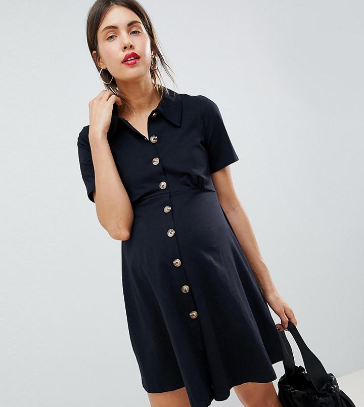 Asos Design Maternity Polo Shirt Dress With Tortoiseshell Buttons - Black