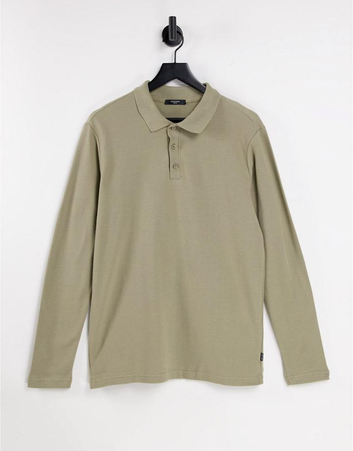 Jack & Jones Premium Long Sleeve Polo With Texture In Beige-neutral