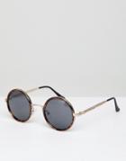 Asos Round Sunglasses In Tort With Vintage Metal Detail - Brown