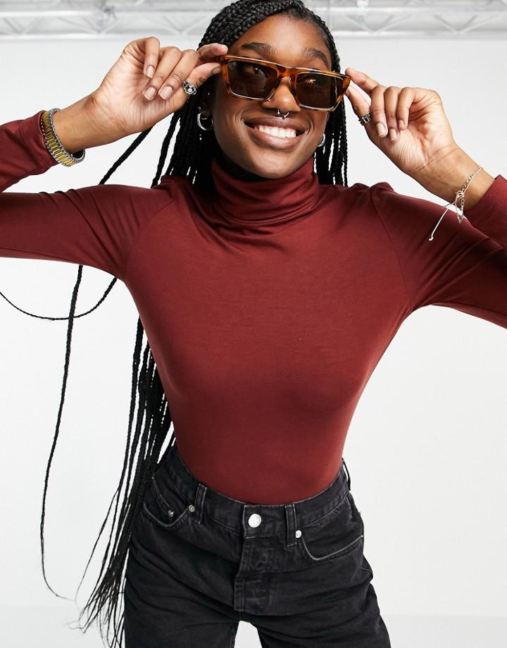 Vero Moda Roll Neck Long Sleeve Top In Brown