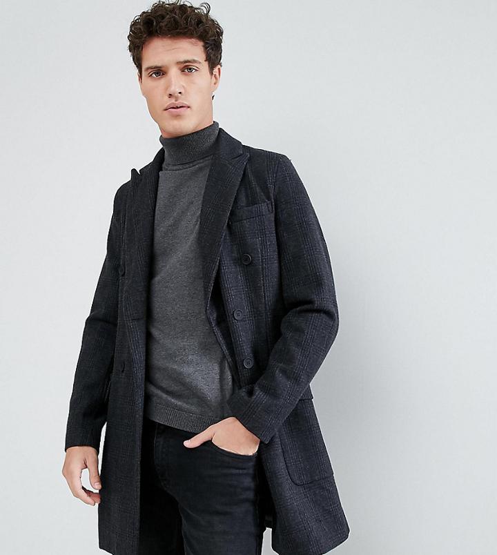 Only & Sons Doubled Breasted Overcoat With Check - Gray