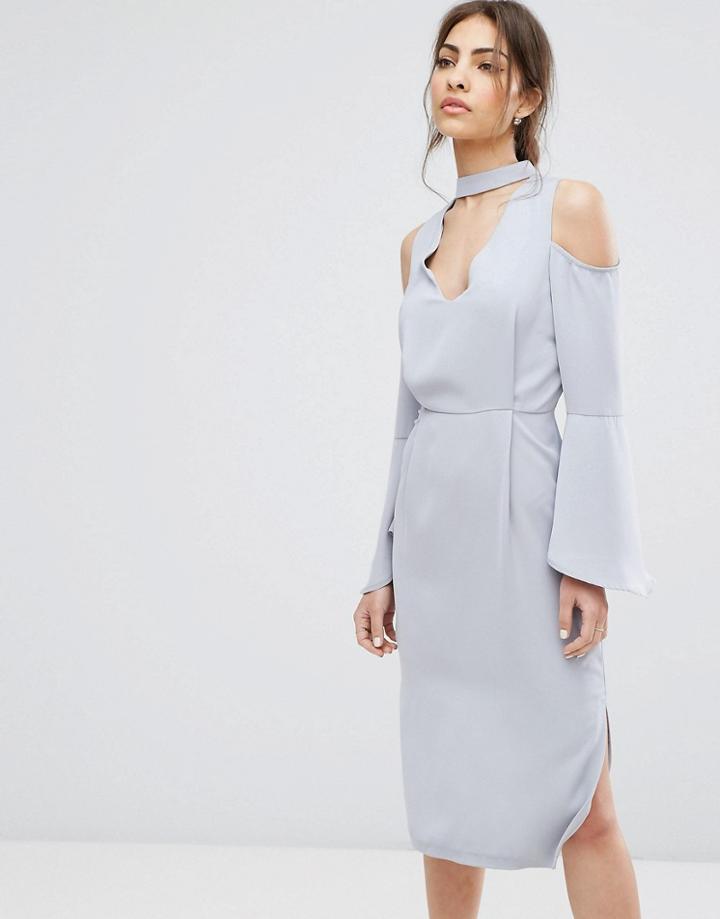 Neon Rose Choker Plunge Neck Midi Dress - Gray