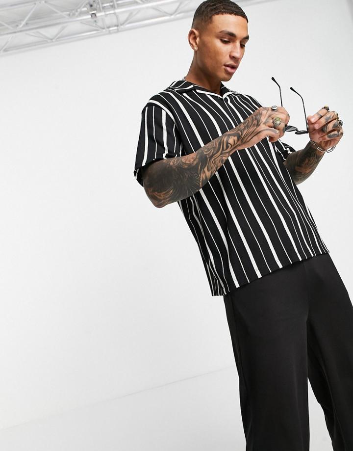Asos Design Overhead Revere Polo T-shirt In White & Black Textured Stripe-multi