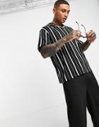Asos Design Overhead Revere Polo T-shirt In White & Black Textured Stripe-multi