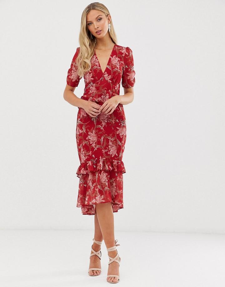 Hope & Ivy Floral Short Sleeve Ruffle Detail Midi Dress - Red