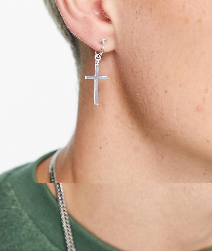Asos Design Faux Hoop Earrings With Cross In Silver Tone