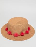 Pieces Straw Hat With Pompoms - Red