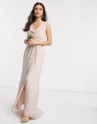 Asos Design Bridesmaid Cowl Front Maxi Dress With Button Back Detail In Blush-pink