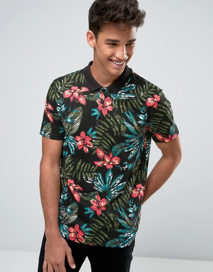 Asos Tropical Leaf Print Polo - Black