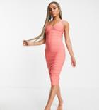 Band Of Stars Premium Bandage Plunge Sleeveless Midi Dress In Coral-orange