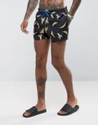Asos Swim Shorts With Banana Print And Contrast Waistband In Short Length - Black