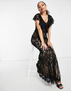 Goddiva Fishtail Lace Maxi Dress In Black