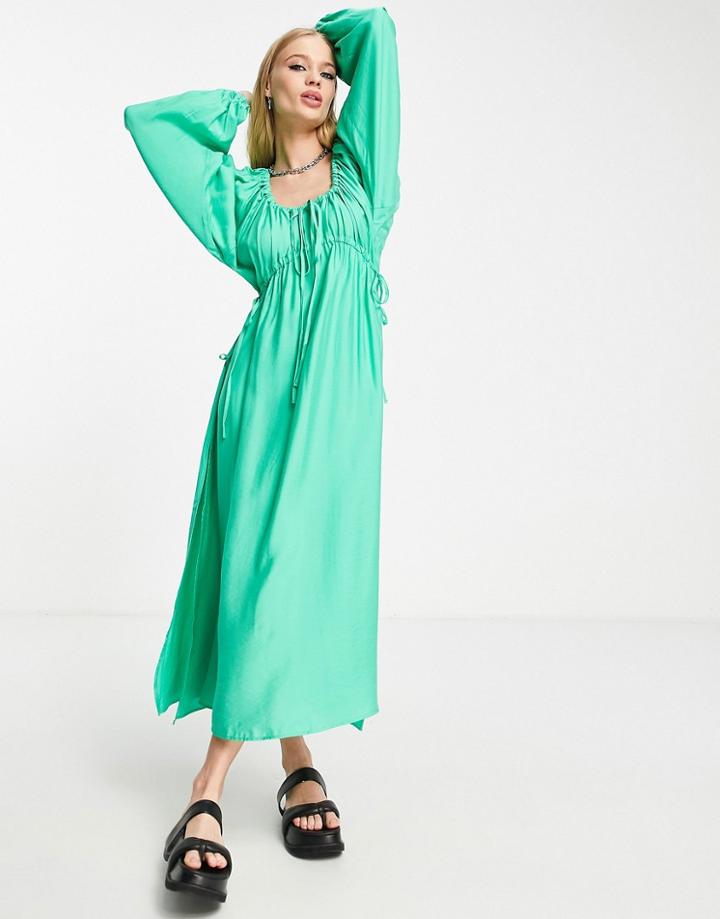Topshop Textured Ruched Channel Midaxi Dress In Green-white