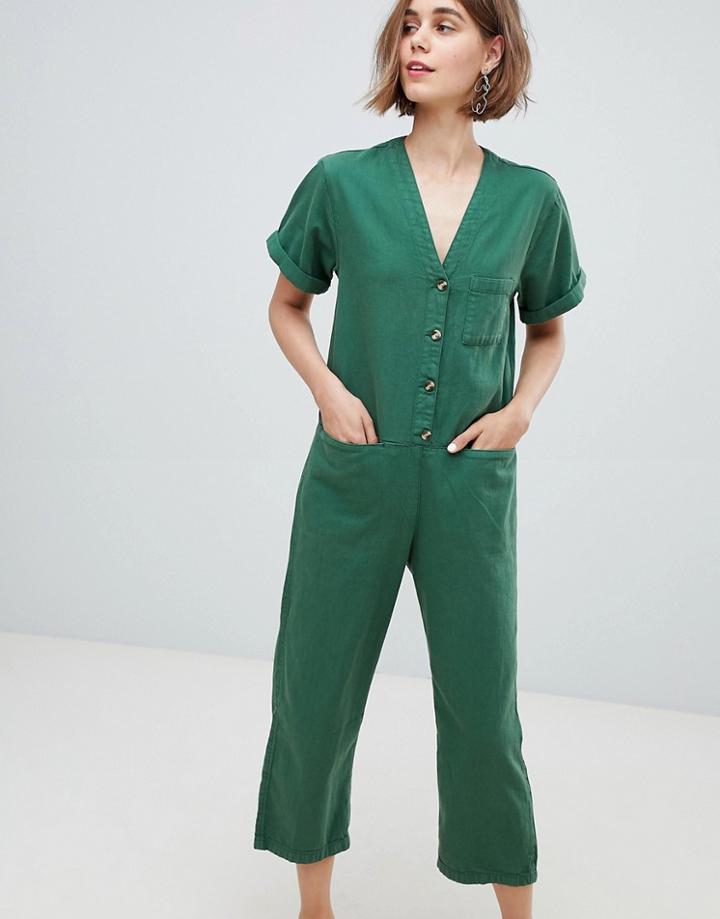 Monki Denim V Button Front Jumpsuit - Green