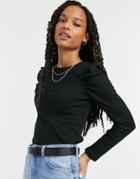 Vero Moda Ribbed Top With Puff Sleeves In Black