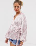 Asos Design Long Sleeve Wrap Top With Collar In Paisley - Multi