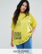 Asos Curve T-shirt In Oversized Fit With Cutabout Lace - Yellow