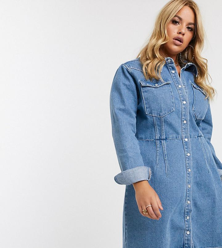 Asos Design Curve Denim Structured Shirt Dress In Blue