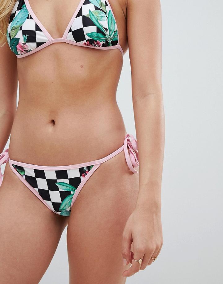 Luxe Palm Tie Side Bikini Bottoms In Checkerboard Print Mix - Multi