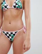 Luxe Palm Tie Side Bikini Bottoms In Checkerboard Print Mix - Multi