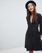 Qed London Polka Dot Wrap Dress With Tie Sleeve - Black