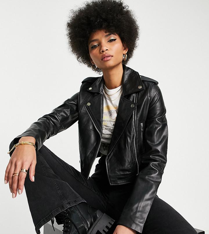 Barney's Originals Tall Real Leather Cropped Biker Jacket-black