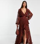 Asos Design Tall Satin Jacquard Warped Dot Wrap Maxi Dress With Tie Waist-brown