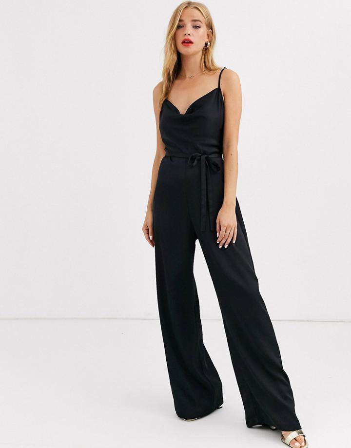 Lipsy Satin Cowl Front Jumpsuit In Black - Black