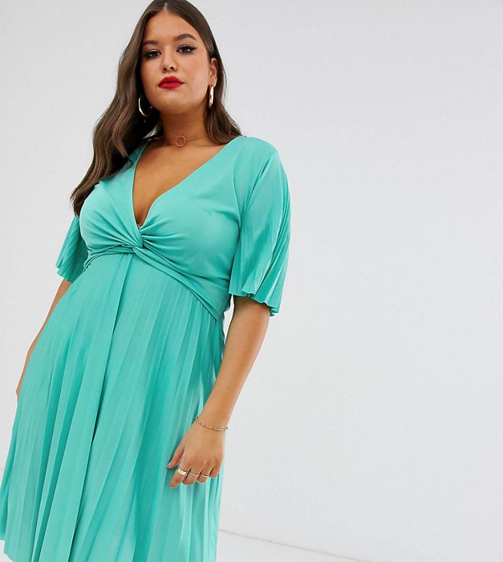 Asos Design Curve Twist Detail Pleated Kimono Midi Dress - Green