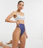 Asos Design Tall Recycled Mix And Match High Leg High Waist Bikini Bottom In Navy Polka Dot-multi