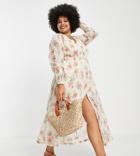Simply Be Button Through Maxi Dress In Cream Floral Print-multi