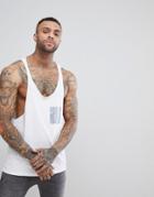 Asos Extreme Racer Back Tank With Geo-tribal Printed Woven Pocket - White