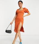 Asos Design Petite Sweetheart Neck Self Tie Belt Midi Dress With High Split In Rust-multi