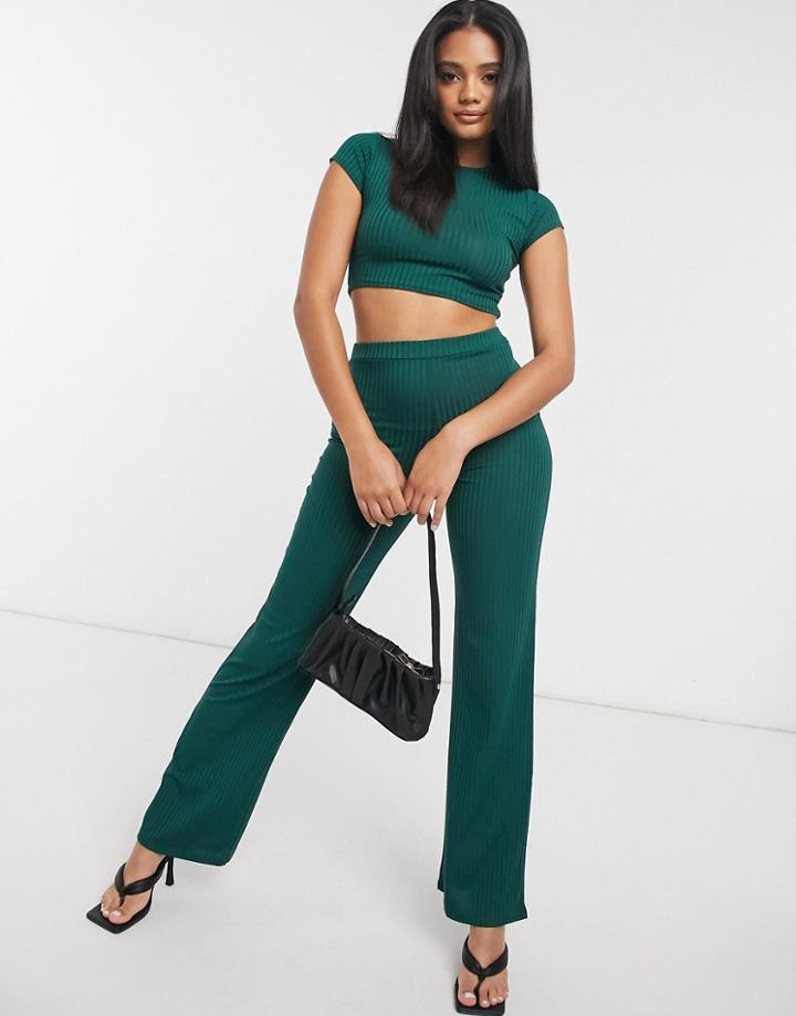 Femme Luxe Ribbed Crop Top And Flare Set In Jade-green