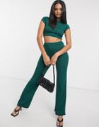 Femme Luxe Ribbed Crop Top And Flare Set In Jade-green