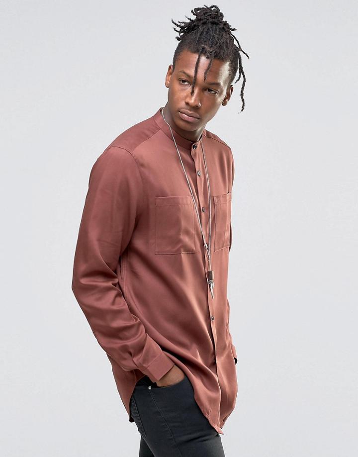 Asos Military Shirt In Rust Drape Fabric With Grandad Collar In Longline - Rust