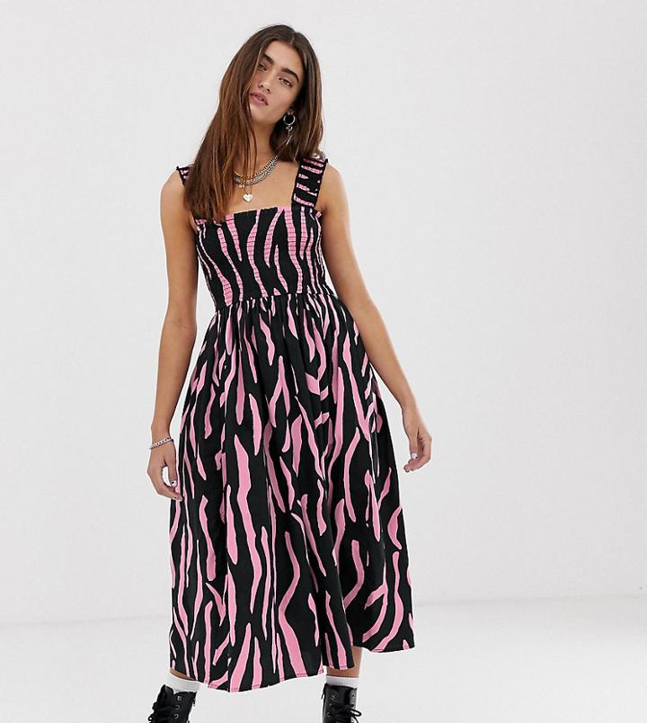 Collusion Zebra Shirred Midi Dress-multi