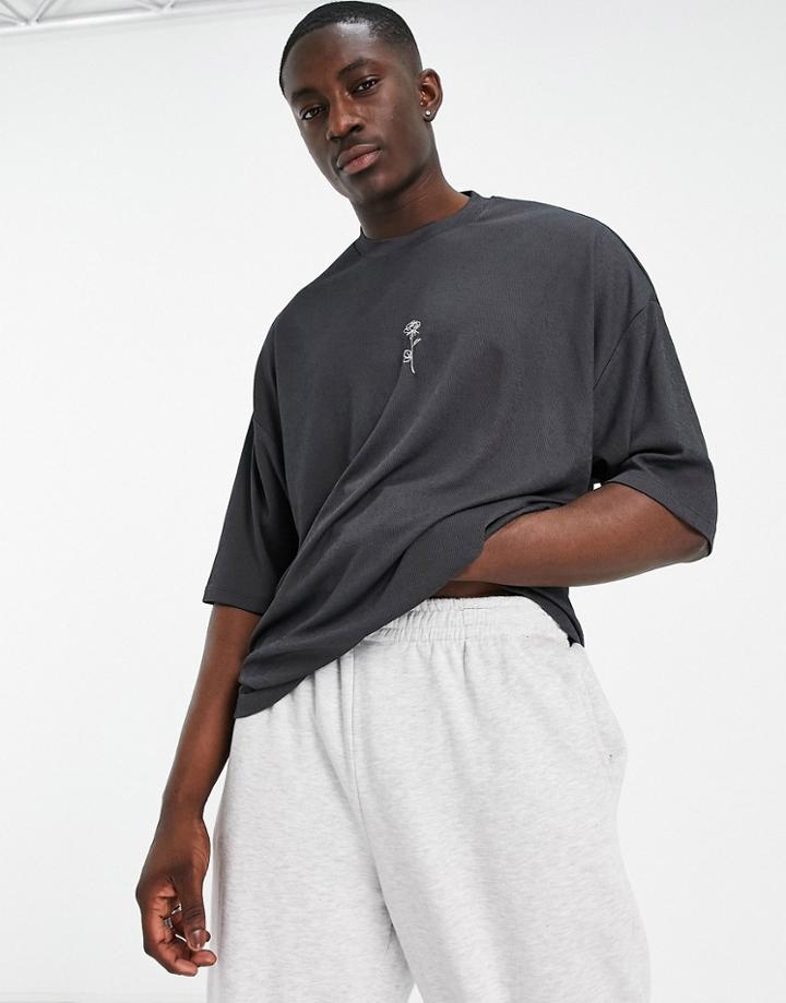 Asos Design Oversized T-shirt In Gray Texture With Rose Embroidery-black