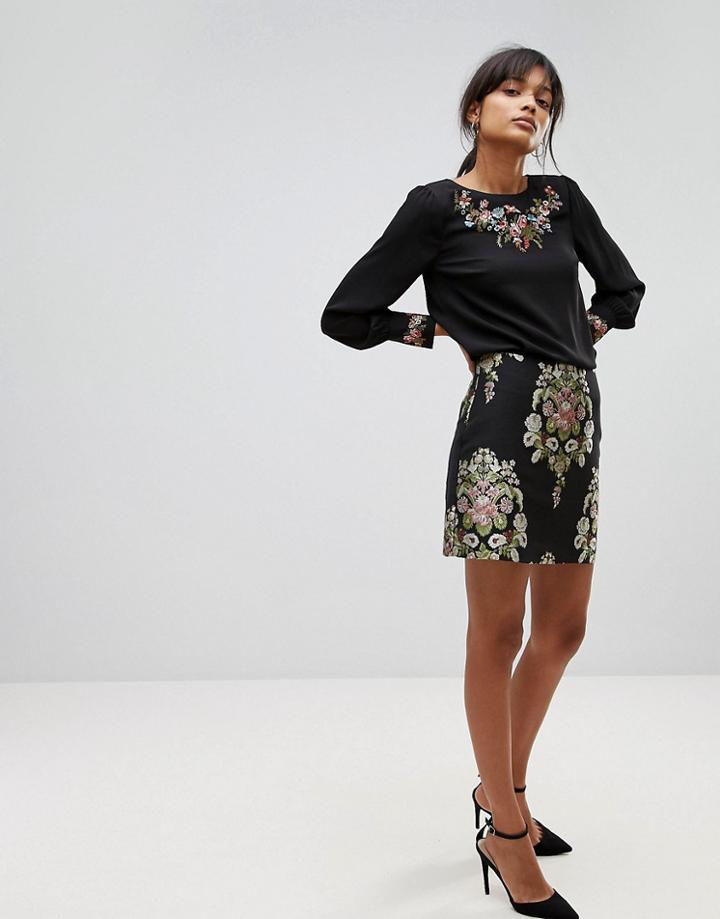 Oasis Embroidered Floral Jacquard Skirt - Multi
