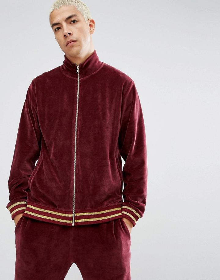 Asos Jersey Velour Track Jacket In Burgundy - Red